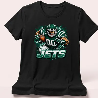 Dynamic print of a football player in action with 'JETS' text. — printed on a women's shirt