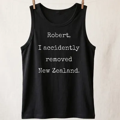 Funny VR Chat graphic t-shirt with humorous New Zealand text in black and white — printed on a tank top