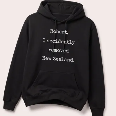 Funny VR Chat graphic t-shirt with humorous New Zealand text in black and white — printed on a unisex hoodie