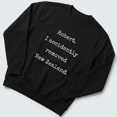 Funny VR Chat graphic t-shirt with humorous New Zealand text in black and white — printed on a unisex sweatshirt