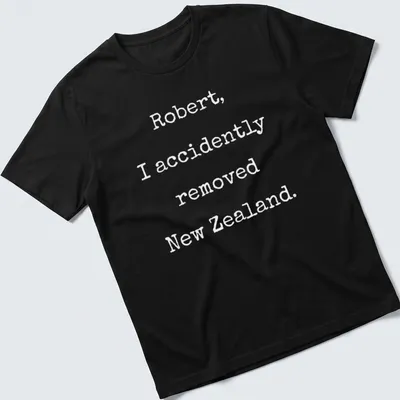 Funny VR Chat graphic t-shirt with humorous New Zealand text in black and white