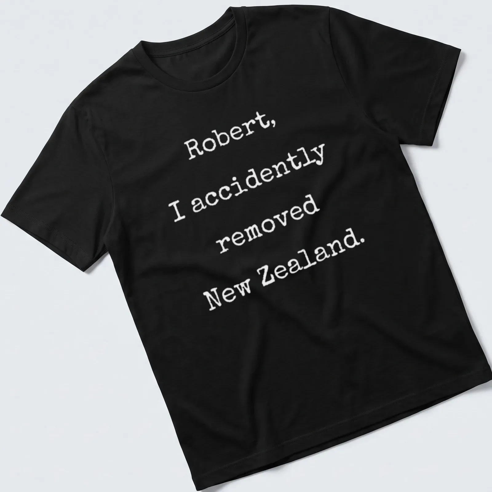 Funny VR Chat graphic t-shirt with humorous New Zealand text in black and white — printed on a unisex t-shirt
