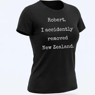 Funny VR Chat graphic t-shirt with humorous New Zealand text in black and white — printed on a women's shirt