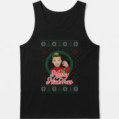 Festive cartoon t-shirt with Merry Nickmas text and Nick Carter illustration — printed on a tank top