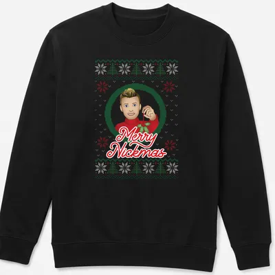 Festive cartoon t-shirt with Merry Nickmas text and Nick Carter illustration — printed on a unisex sweatshirt