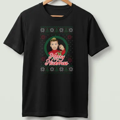 Festive cartoon t-shirt with Merry Nickmas text and Nick Carter illustration