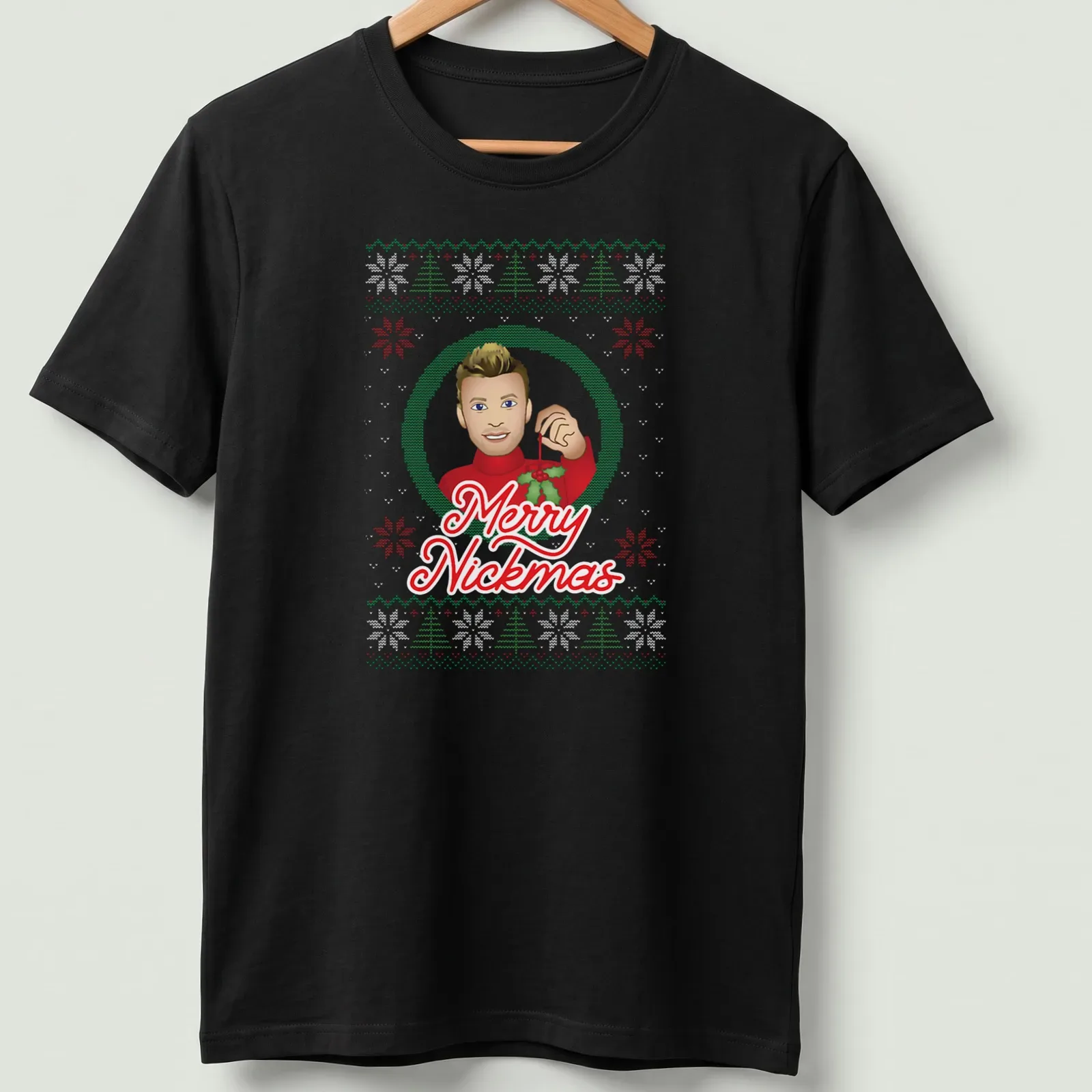 Festive cartoon t-shirt with Merry Nickmas text and Nick Carter illustration — printed on a unisex t-shirt