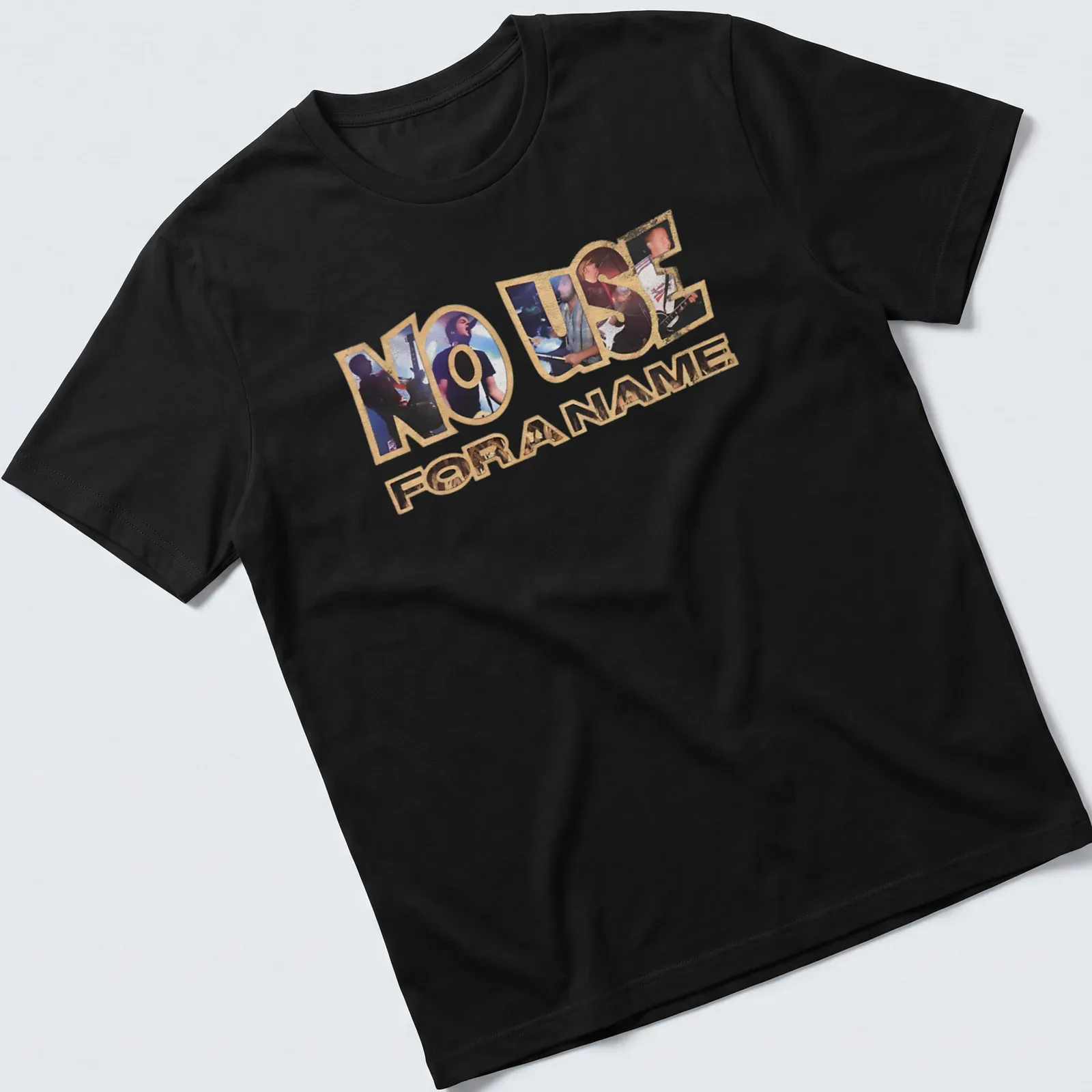 Collage design featuring No Use For A Name band text in bold colors — printed on a unisex t-shirt