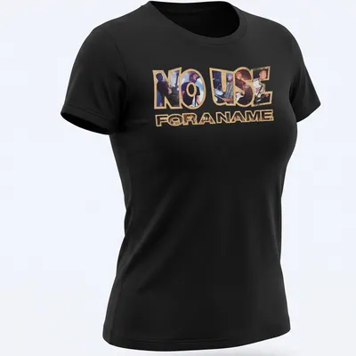 Collage design featuring No Use For A Name band text in bold colors — printed on a women's shirt
