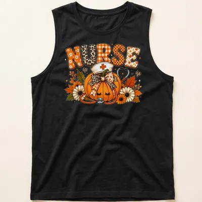 Colorful illustration of a pumpkin with a stethoscope and the word Nurse — printed on a tank top
