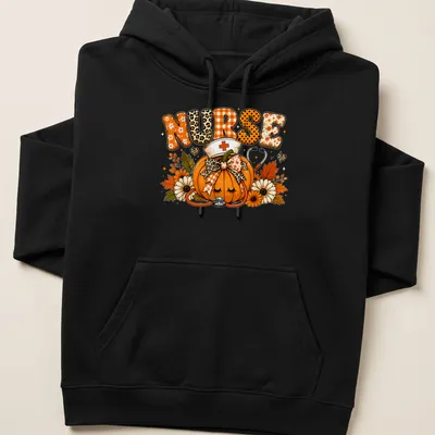 Colorful illustration of a pumpkin with a stethoscope and the word Nurse — printed on a unisex hoodie