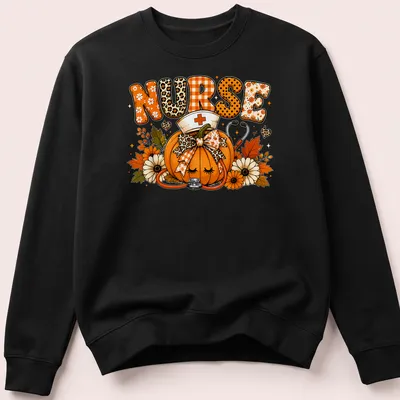 Colorful illustration of a pumpkin with a stethoscope and the word Nurse — printed on a unisex sweatshirt