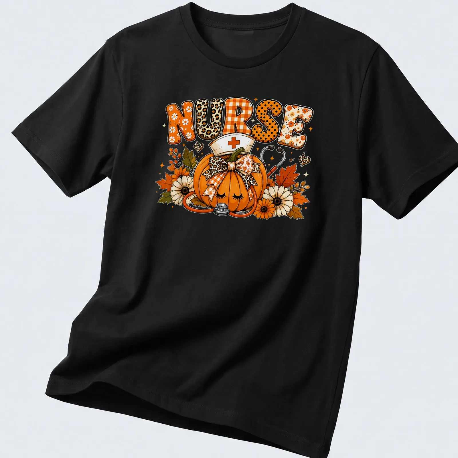 Colorful illustration of a pumpkin with a stethoscope and the word Nurse — printed on a unisex t-shirt
