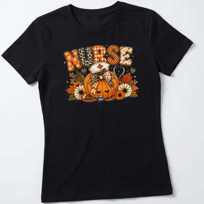 Colorful illustration of a pumpkin with a stethoscope and the word Nurse — printed on a women's shirt