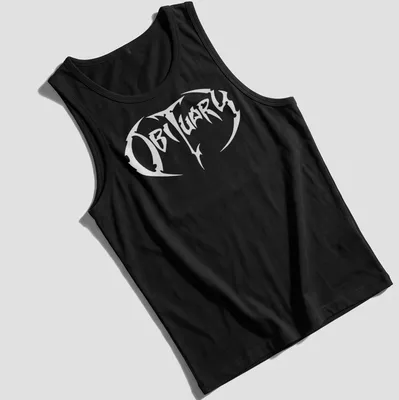 Obituary band logo t-shirt featuring bold white lettering on a black background — printed on a tank top