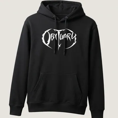 Obituary band logo t-shirt featuring bold white lettering on a black background — printed on a unisex hoodie