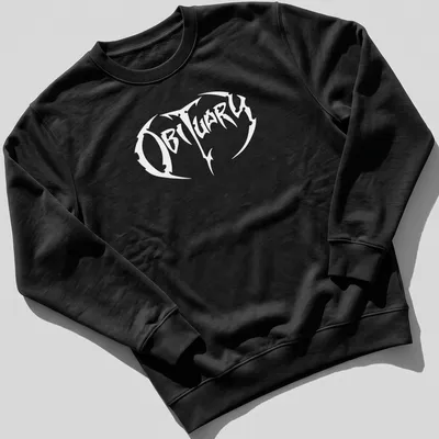 Obituary band logo t-shirt featuring bold white lettering on a black background — printed on a unisex sweatshirt