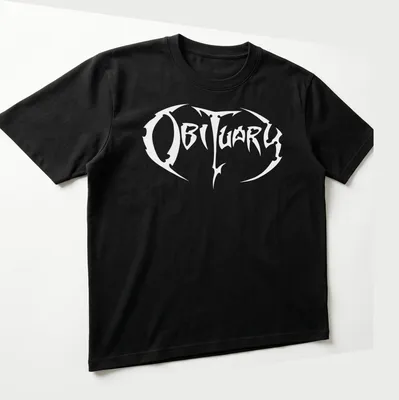 Obituary band logo t-shirt featuring bold white lettering on a black background — printed on a unisex t-shirt (angled view)