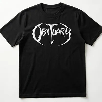 Obituary band logo t-shirt featuring bold white lettering on a black background