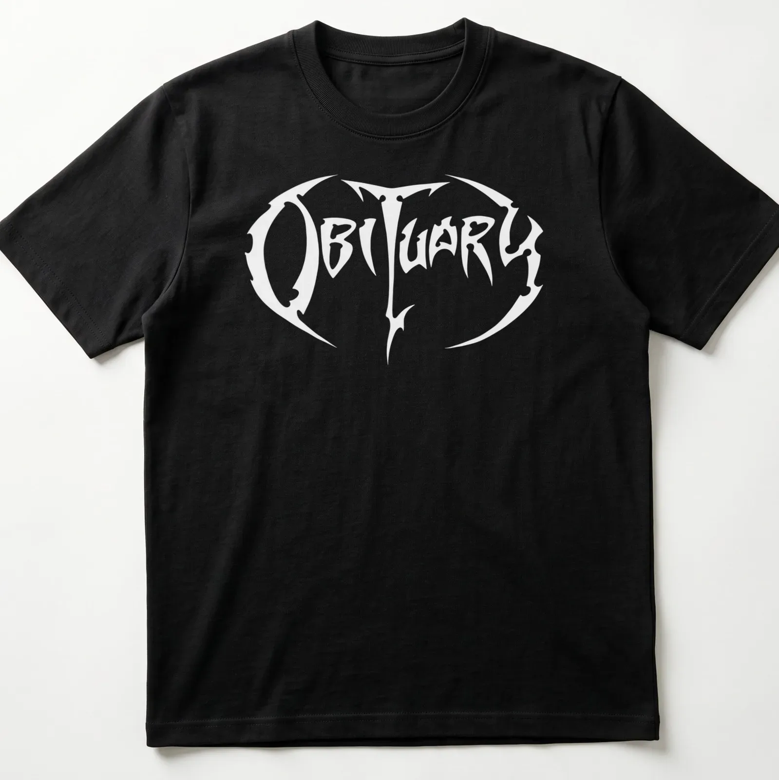 Obituary band logo t-shirt featuring bold white lettering on a black background — printed on a unisex t-shirt