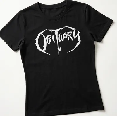 Obituary band logo t-shirt featuring bold white lettering on a black background — printed on a women's shirt