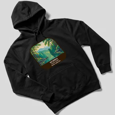 Vintage illustration of Oconee State Park Landscape with hills and trees — printed on a unisex hoodie