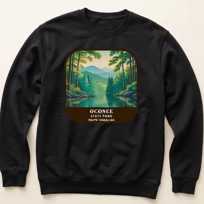 Vintage illustration of Oconee State Park Landscape with hills and trees — printed on a unisex sweatshirt