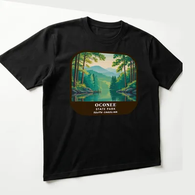 Vintage illustration of Oconee State Park Landscape with hills and trees — printed on a unisex t-shirt (angled view)