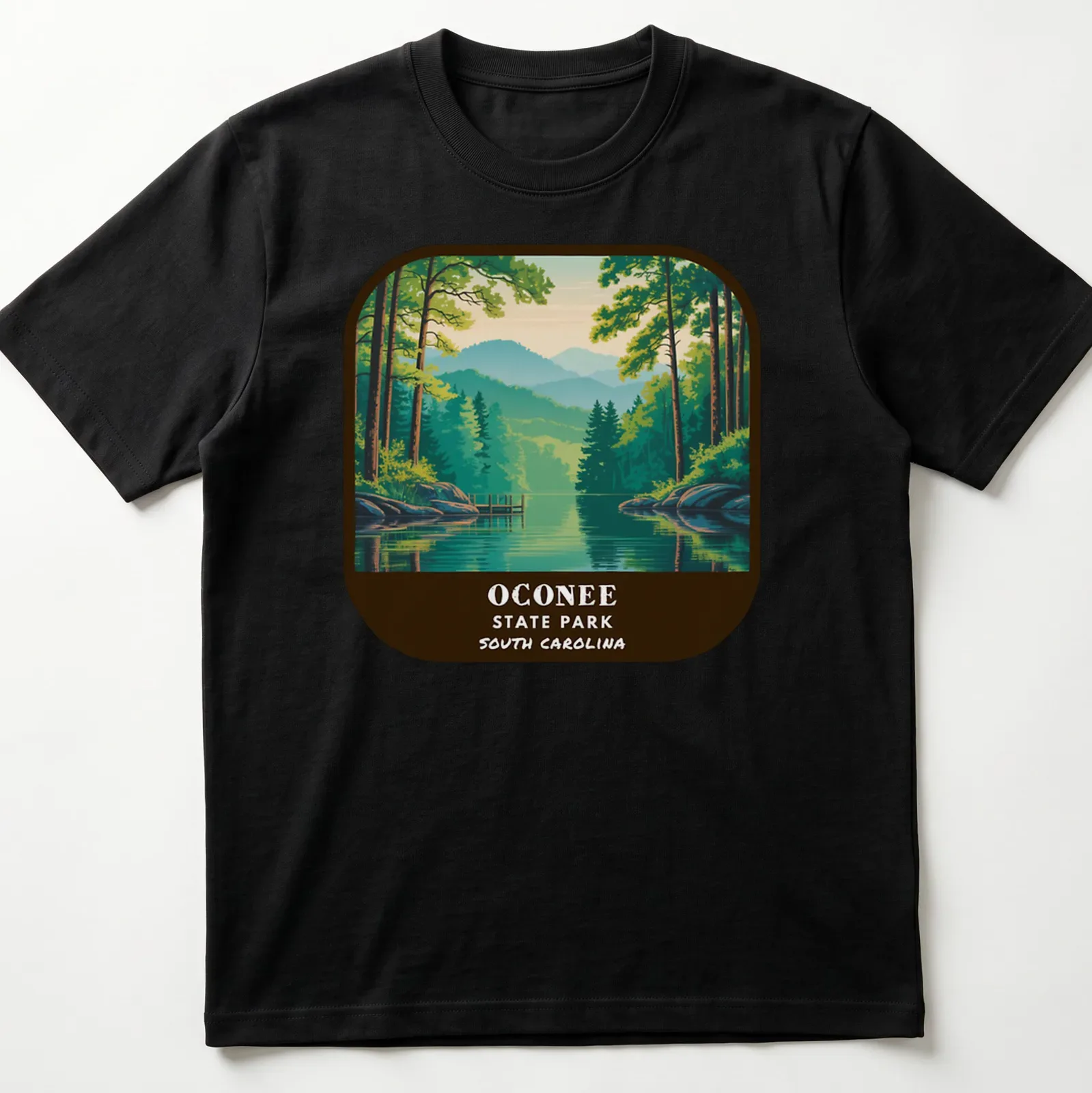 Vintage illustration of Oconee State Park Landscape with hills and trees — printed on a unisex t-shirt