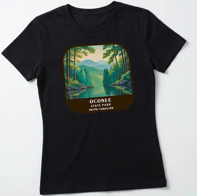 Vintage illustration of Oconee State Park Landscape with hills and trees — printed on a women's shirt
