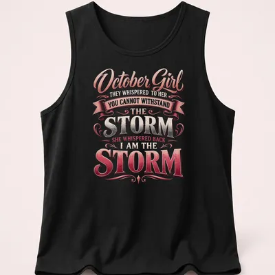Vintage script design featuring empowering October Girl text in pink, silver, and white — printed on a tank top