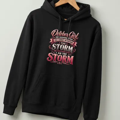 Vintage script design featuring empowering October Girl text in pink, silver, and white — printed on a unisex hoodie