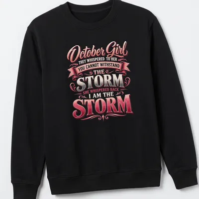 Vintage script design featuring empowering October Girl text in pink, silver, and white — printed on a unisex sweatshirt