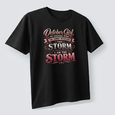 Vintage script design featuring empowering October Girl text in pink, silver, and white — printed on a unisex t-shirt (angled view)