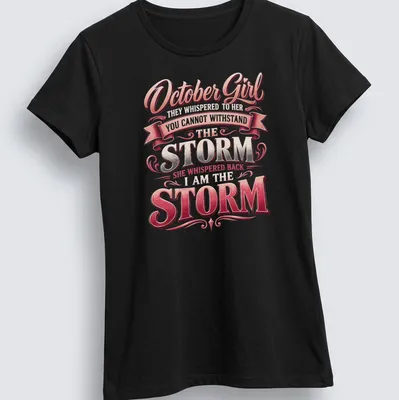 Vintage script design featuring empowering October Girl text in pink, silver, and white — printed on a women's shirt