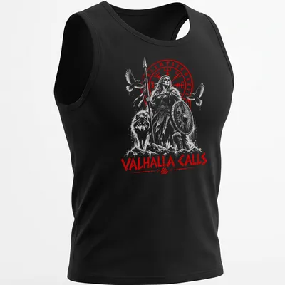 Norse-inspired shirt with Odin, a wolf, and a raven under the words Valhalla Calls — printed on a tank top