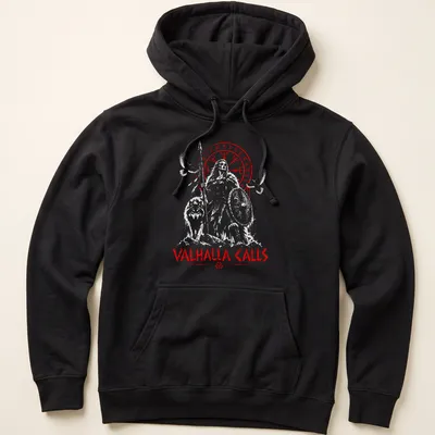 Norse-inspired shirt with Odin, a wolf, and a raven under the words Valhalla Calls — printed on a unisex hoodie