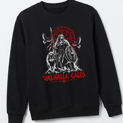 Norse-inspired shirt with Odin, a wolf, and a raven under the words Valhalla Calls — printed on a unisex sweatshirt