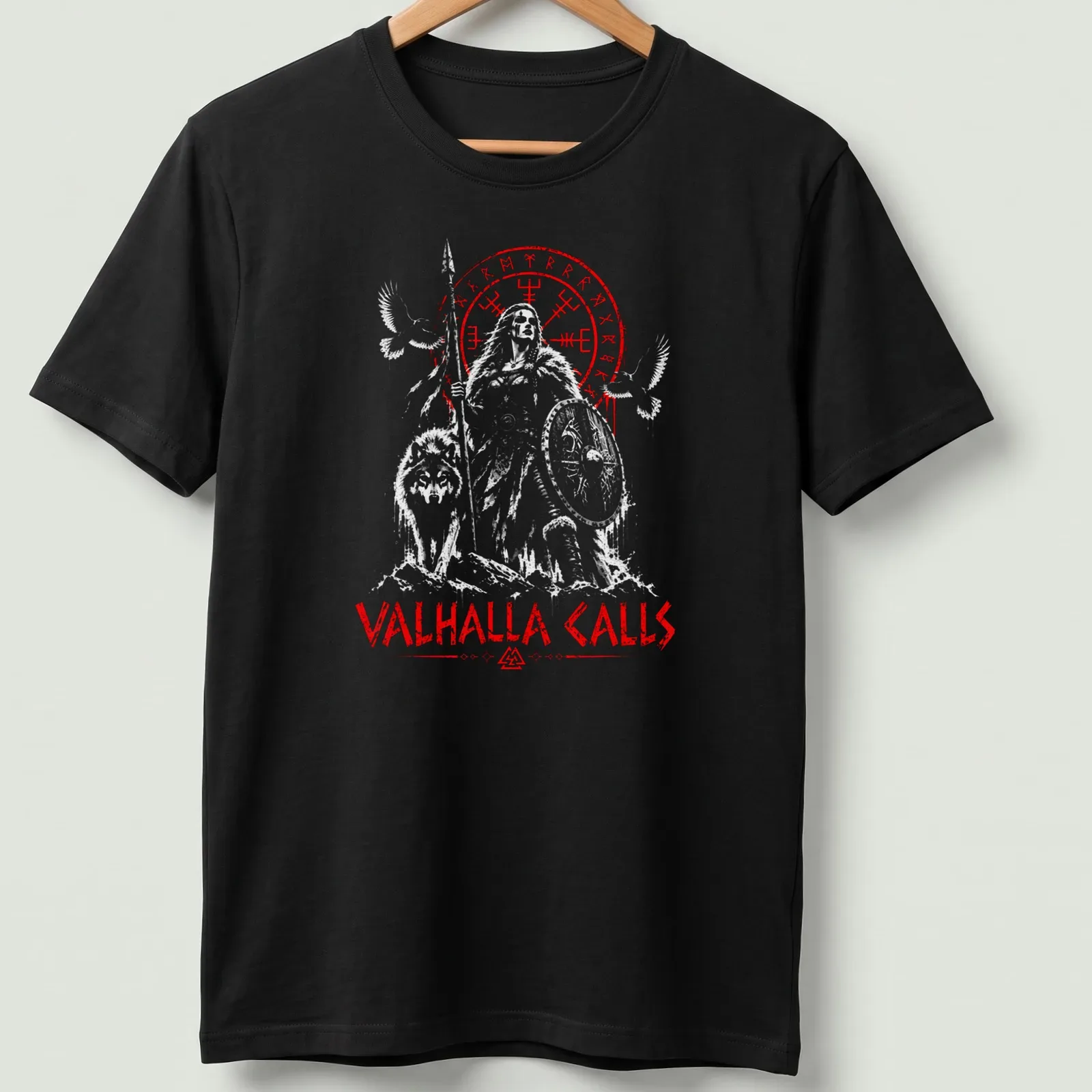 Norse-inspired shirt with Odin, a wolf, and a raven under the words Valhalla Calls — printed on a unisex t-shirt