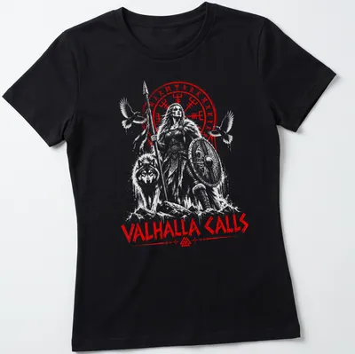Norse-inspired shirt with Odin, a wolf, and a raven under the words Valhalla Calls — printed on a women's shirt