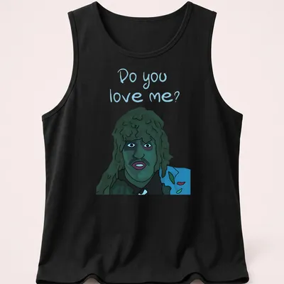 Cartoon graphic of Old Greg asking 'Do you love me?' in blue, green, black, and white. — printed on a tank top
