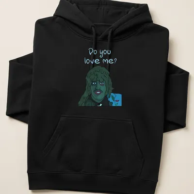 Cartoon graphic of Old Greg asking 'Do you love me?' in blue, green, black, and white. — printed on a unisex hoodie