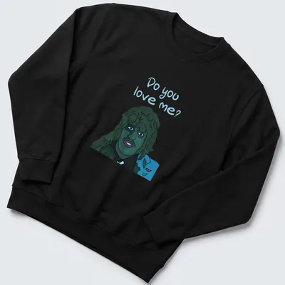 Cartoon graphic of Old Greg asking 'Do you love me?' in blue, green, black, and white. — printed on a unisex sweatshirt