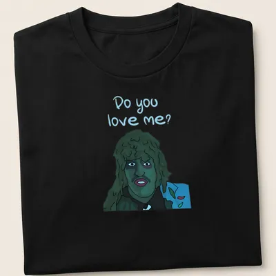 Cartoon graphic of Old Greg asking 'Do you love me?' in blue, green, black, and white.