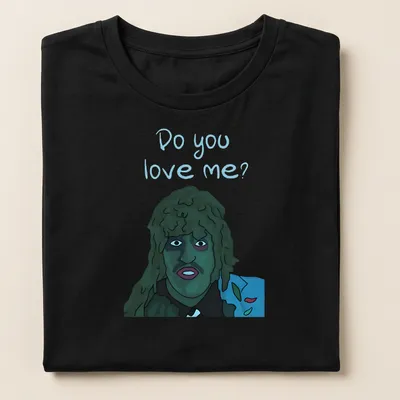 Cartoon graphic of Old Greg asking 'Do you love me?' in blue, green, black, and white. — printed on a women's shirt