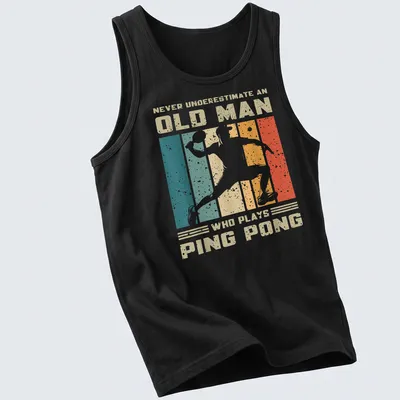 Vintage distressed tee featuring an old man playing ping pong with humorous text — printed on a tank top