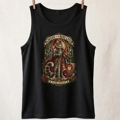 Whimsical illustration of a cat knight with text about feline chivalry — printed on a tank top