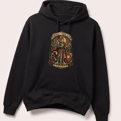Whimsical illustration of a cat knight with text about feline chivalry — printed on a unisex hoodie