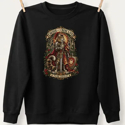 Whimsical illustration of a cat knight with text about feline chivalry — printed on a unisex sweatshirt