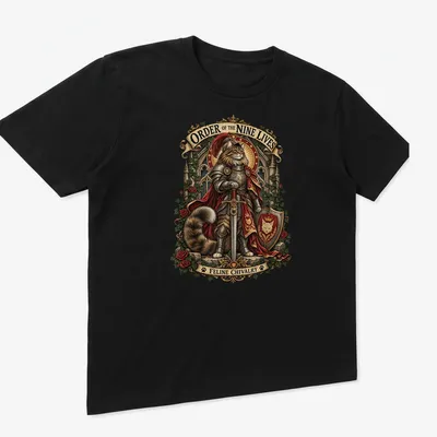 Whimsical illustration of a cat knight with text about feline chivalry — printed on a unisex t-shirt (angled view)